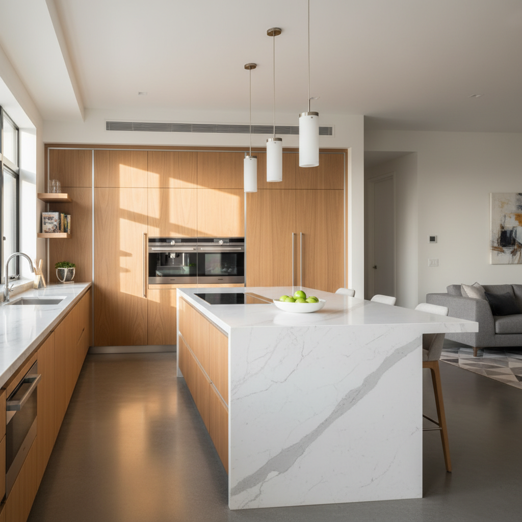 Bright upscale kitchen with integrated Viking-style appliances