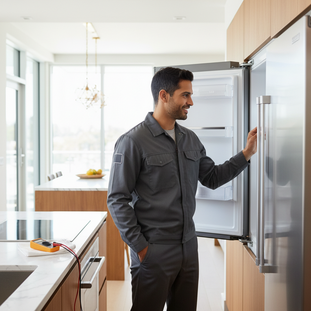 Professional appliance repair technician inspecting a built-in refrigerator